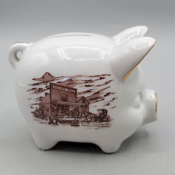Vintage JC Penney Golden Rule Store Piggy Bank Ceramic White Gold Accents - Picture 1 of 8